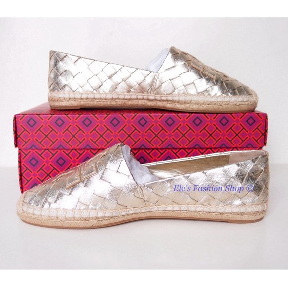 NIB Tory Burch Ines Woven Leather Espadrille Flat Spark Gold US 7 9 9.5 AUTHENTC - Picture 10 of 14